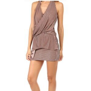 MISA LOS ANGELES Women Size XS VALERE Pink Black Striped Velvet Wrap MIDI Dress